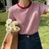 Camiseta de Punto Casual Color Sólido y Contrastante Manga Corta para Mujer Verano Delgado Hombro Derecho Efecto Adelgazante Top de Seda Helada