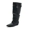 Botas de Salto Empilhado com Bico Fino Franzidas Design de Nicho Chegadas de Verão 2026 Cano Largo Fivela de Cinto Botas Longas Botas de Cano Alto Botas de Equitação Femininas