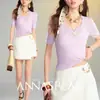 Camiseta Polo de Punto con Cuello de Tijera y Cuello en U, Transpirable y Amigable con la Piel, Serie Miu Annaspeak, Algodón de Seda/Lana de Seda Brillante