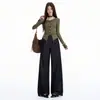 Jeans de pierna ancha talla grande para mujer, de algodón lyocell azul oscuro transfronterizos, nuevo estilo liso de pierna recta con caída para principios de otoño de 2026