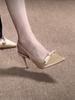 Sandalias de Punta con Lazo, Punta Francesa, Tacones Altos de Aguja, Nuevo 2025, Color Champán, Elegantes y Hermosas, Flats para Mujer