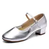 Sapatos de Dança Prateados de Couro Macio com Sola Macia Adulto Salto Médio Sapatos de Dança Quadrada Sapatos de Dança Vermelhos Femininos Sapatos de Dança de Salão para Mães