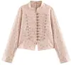 Jaqueta rosa floral nova estilo chinês com botões, top tradicional curto estilo Tang com gola alta, casaco vintage estilo chinês de cetim