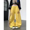 TR BRUSHSHIFT Estilo de rua americano estampa de leopardo estampa de letras listrado calça casual perna larga curva calça de moletom para dança