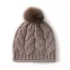 Gorro de Punto de Cachemira Engrosado Cálido para Mujer, Elegante Gorro de Lana con Bola de Pelo de Zorro, Color Sólido, Punta de Flor Retorcida, Transfronterizo