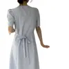 Vestido de Botones Sencillo con Cuello en V, Mangas Abullonadas, Cintura Ceñida, Cuadros Finos, Estilo Francés Elegante Coreano, Talla Actualizada