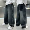 Calça Jeans Masculina Solta de Perna Larga Nova Coleção Primavera e Outono Crianças de Tamanho Médio e Grande Marca Tendência Calça Longa Reta Calça Casual Lavada para Meninos