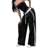 Atacado de calças casuais femininas estampadas da moda estilo americano, de cintura alta, para primavera e outono, com color blocking esportivo e design de perna reta