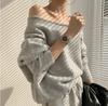 Suéter de tricô com manga longa, cor sólida, casual e solto, com design ombro a ombro, para mulheres, com temperamento francês, outono e inverno chique da Coreia do Sul