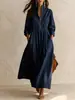 Vestido Maxi Feminino 2026 Estilo Europeu e Americano Transfronteiriço com Gola Alta, Bolso Dourado com Meio Zíper, Manga Longa Plissada Solta