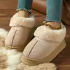 Stock Listo Zapatillas de Algodón con Adorno de Piel Sintética de Felpa Otoño Invierno para Mujer Suela Gruesa Cálidas Antideslizantes Pareja Totalmente Cerradas Ropa para el Hogar Zapatos de Algodón