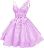 Vestido Curto de Festa Roxo Floral Tridimensional com Decote em V, Alça Única, Ajuste na Cintura, Efeito Emagrecedor, Adequado para Festas de Aniversário e Bailes, para Tamanhos Petite
