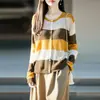 Outono Inverno Primavera Novo Gola Redonda Alta Imitação 6% Lã Cardigã Feminino Listras Largas Bloco de Cores Tricô Solto Jaqueta Top Estiloso