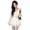 Vestido largo de dos piezas con volantes estilo trompeta, chic coreano estilo hada, para mujeres petite, conjunto elegante de primavera y otoño para socialité
