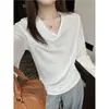 ¡Look adelgazante! ~ Camiseta de manga larga con dobladillo enrollado de algodón peinado para mujer, nuevo estilo otoño 2026, top básico simple con cuello en V