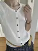 Design Estilo Coreano de Verão, Novo Cardigan de Tricô Versátil Simples com Gola Redonda Costurada Slimming de Manga Curta para Mulheres, Algodão Branco