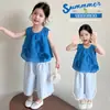 Conjunto de Verano para Niña 2026 Nuevo Verano Infantil Azul Klein Lazo Pantalones Rayados para Bebé Conjunto de Dos Piezas