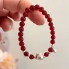 Plata de Ley S925 Ágata Roja Natural Oso Campana Oso Autocrítico Pulsera Año Nuevo Nuevo Estilo Chino Hecho a Mano Cuerda Elástica Accesorio de Mano