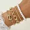 Conjunto de Pulseiras Moda Europeia e Americana Venda Quente Transfronteiriça Corrente Multicamadas Fivela de Ouro Conjunto de 4 Peças Liga de Metal Pérola Artificial Joias Simples para Mão