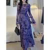 Otoño 2025 Estilo Hermana Real Francesa Vestido Floral Morado Malla Sexy Estilo Pura Pasión Falda Larga Ropa para Mujer