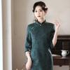 Cheongsam longo verde escuro melhorado Novo 2023 mulheres jovens Old Shanghai retrô vestido de manga média primavera e outono