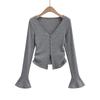 AP23230-23 Otoño Nuevo Cárdigan de punto de manga larga con cuello en V y manga acampanada americana, top y pantalones casuales