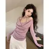 Camiseta Sexy Estilo Puro Deseo de Manga Larga con Cuello Halter Falsa de Dos Piezas para Mujer Moda Otoño Invierno Chic Top Adelgazante ins