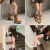 Botas de tacón grueso apilado estilo Grapema para mujer, botas de montar de media pantorrilla con textura, puntera redonda desgastada vintage, botas de cowboy occidentales