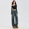 Jeans Americano Estilo Retrô Nostálgico Solto Perna Larga com Diamante para Mulheres 2024 Primavera Nova Chegada Indústria Pesada Calças Dobráveis