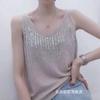 Estación Europea 2019 Verano Estilo Coreano Casual Moda de Pedrería Interior Holgado Seda de Hielo Cuello en V Camiseta Camisola Chaleco para Mujer