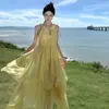 Vestido largo de gasa con cuello halter color ámbar, estilo verano, impresionante vestido largo de vacaciones, tela de gasa