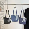 Bolsa Jeans para Mulheres 2025 Nova Coreana Bordada Flor Bucket Bag Grande Capacidade Literária Bolsa de Ombro Tote Bag