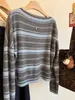 Suéter de tricô 100% lã, estilo casual macio e aconchegante, gola de uma linha listrada em cores contrastantes para mulheres, caimento solto, emagrece, rejuvenesce, com mangas compridas