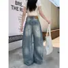 Jeans vintage nostálgico lavado solto feminino outono cintura alta versátil azul claro perna larga calças compridas calças cimitarra
