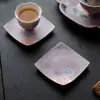 Porta-copos Quadrado de Peônia Roxa Pintado à Mão com Esmalte Mineral, Bandeja de Chá de Cerâmica, Resistente ao Calor e Isolante, Acessório para Cerimônia do Chá Chinesa