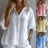 Moda Feminina Europeia e Americana 2025 Amazon Primavera Mais Vendido Cor Sólida Linho Decote V Manga Longa Camisa Casual Estilo Japonês e Coreano Casual