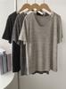 Camiseta de punto de manga corta con cuello en U, suave, transpirable, para mujer, fina, holgada, adelgazante, combinable, drapeada, para verano