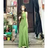2025 Verano Retro Nuevo Vestido sin Mangas Verde Bosque Chaleco Adelgazante Cintura Falda Larga Elegante