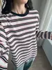 Camiseta de punto a rayas con bloques de color otoñales de manga larga para mujer, cuello redondo, holgada, casual, top de algodón estilo coreano