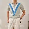 Camiseta de Punto de Manga Corta de Verano Nueva para Hombre con Triángulo Rayado, Cuello en V, Ajustada, Camiseta de Negocios, Comercio Exterior, Venta al por Mayor Transfronteriza