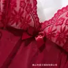 Camisón de encaje rojo, conjunto de lencería sexy de malla transparente con tanga, ropa de estar de alta gama