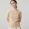 Suéter de cachemir para mujer con cuello en V, botones de perla y cuello de encaje, versátil, corte holgado, adelgazante, cuello floral, suéter cálido