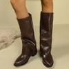 Comércio Exterior Tamanho Grande Inverno Retrô Manga Calças de Salto Alto Botas Salto Grosso Pregueado Bico Fino Botas Altas de Cavaleiro Transfronteiriço