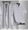 Conjunto de Camisa de Manga Curta e Calça para Homens de Meia-Idade Verão Novo Seda de Gelo Respirável Sem Costura Casual para Pai Conjunto de Duas Peças