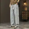 Jeans Retro Americanos con Cordón para Hombre Primavera Otoño Sueltos Rectos Pierna Ancha Lavados Caída Adelgazantes de Largo hasta el Suelo Modernos