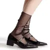 Calcetines de Malla de Verano hasta la Rodilla Estilo Ballet con Encaje de Lazo 3D Calcetines Transparentes Cortos Combinados con Medias de Seda de Vidrio Mary Jane