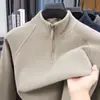 Camiseta base de terciopelo alemán de doble cara para hombre con media cremallera, cálida para invierno, cuello alto, manga larga, sudadera casual versátil, prenda superior para hombre
