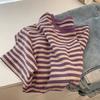 Camiseta de Manga Corta a Rayas Sencilla Estilo Japonés Nueva de Verano para Mujer, Suéter Holgado de Algodón Puro
