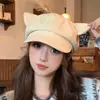 Chapéu Oitavado Fofo Estilo Japonês com Orelhas de Gato 3D para Mulheres, Boina, Versátil para Primavera e Outono, Circunferência da Cabeça Grande, Boina Afina-Rosto