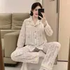 Pijama de Algodón Nube para Mujer, Primavera y Otoño, con Almohadillas en el Pecho, Cárdigan de Encaje, Mangas Largas, Lindo Conjunto de Ropa de Casa con Dibujos de Niñas